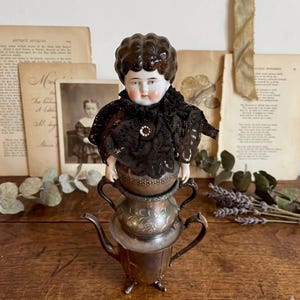 Vintage China Doll Assemblage Sculpture: Silver Plate Teapot Stack, Mixed Media Art