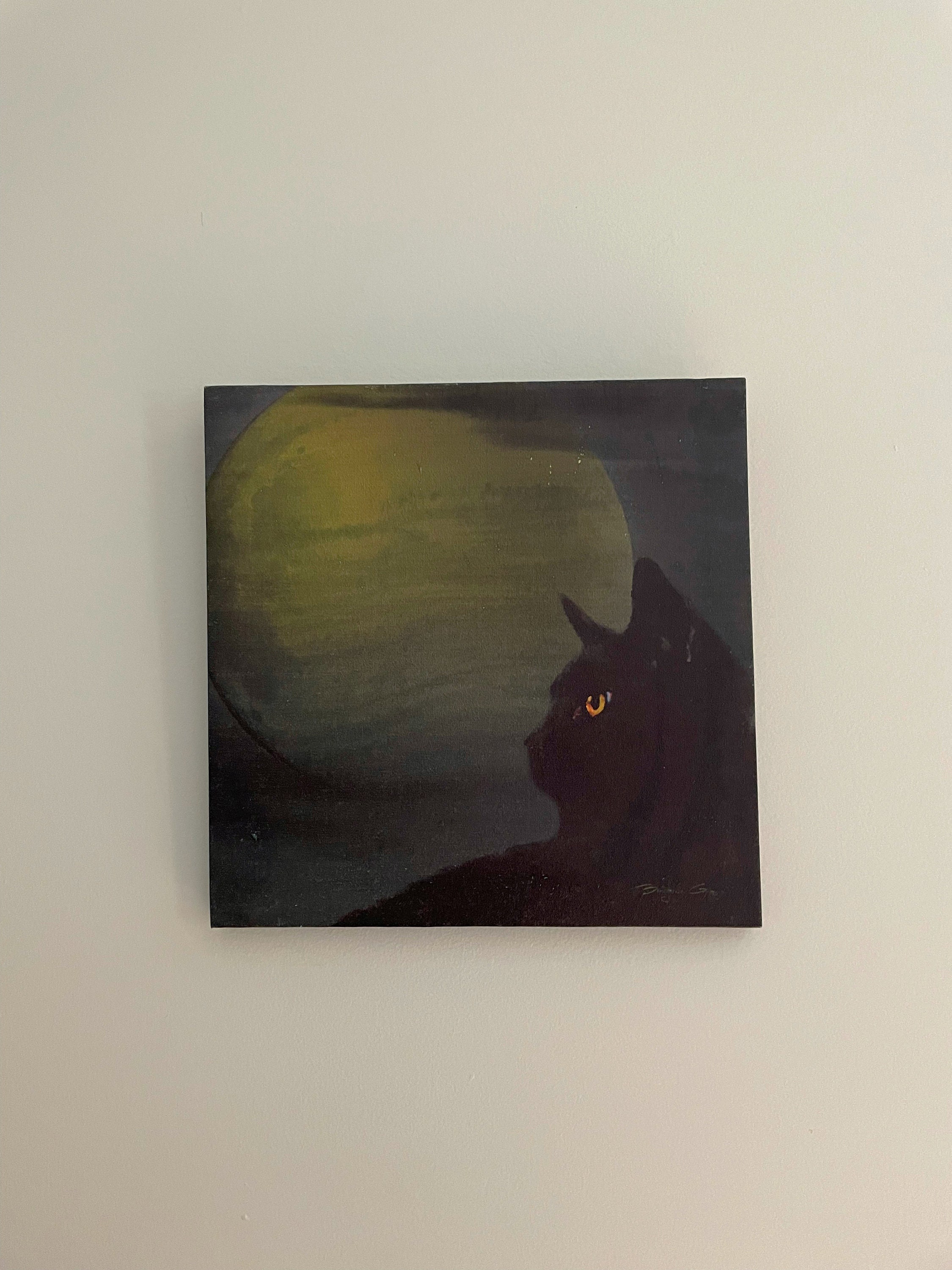 Small Canvas Art Night Sky Painting Black Cat Tree Painting Animal Wall Art  