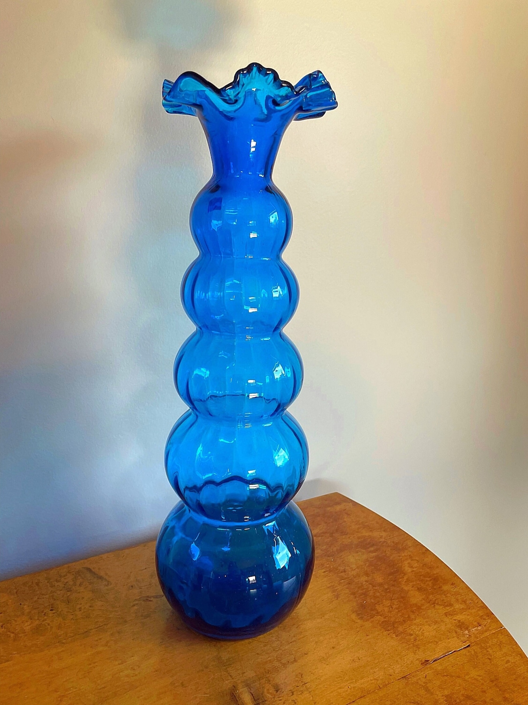 Vintage MCM Blue Glass Vase Tall Blue Vase Five Tier With Ruffle Glass Top Vintage Blue Glass