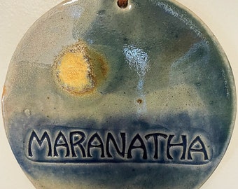 Vintage Maranatha Pottery Wall Art with Full Moon, Unique Clay Art Decor Handmade Religious Home Decor Spiritual Decor Biblical inspiration