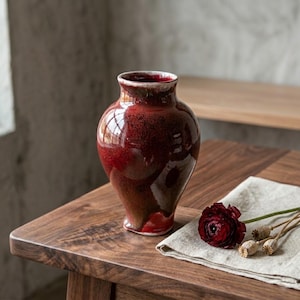 May include: A glossy, red ceramic vase with a wide body and narrow neck. The vase is displayed on a wooden table, next to a dark red flower and a linen napkin. The vase has a speckled texture and a dark brown base.
