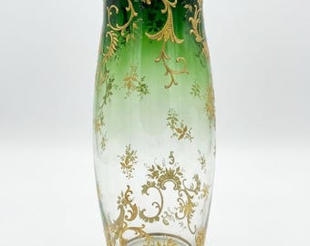 Antique Bohemian Glass Vase – Green Ombre Gold Gilt Floral Victorian Style