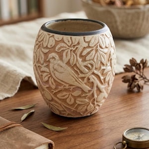May include: A beige ceramic vase with a detailed relief of a bird perched among leaves and vines. The vase has a dark rim and a textured surface. Decorative home decor item.