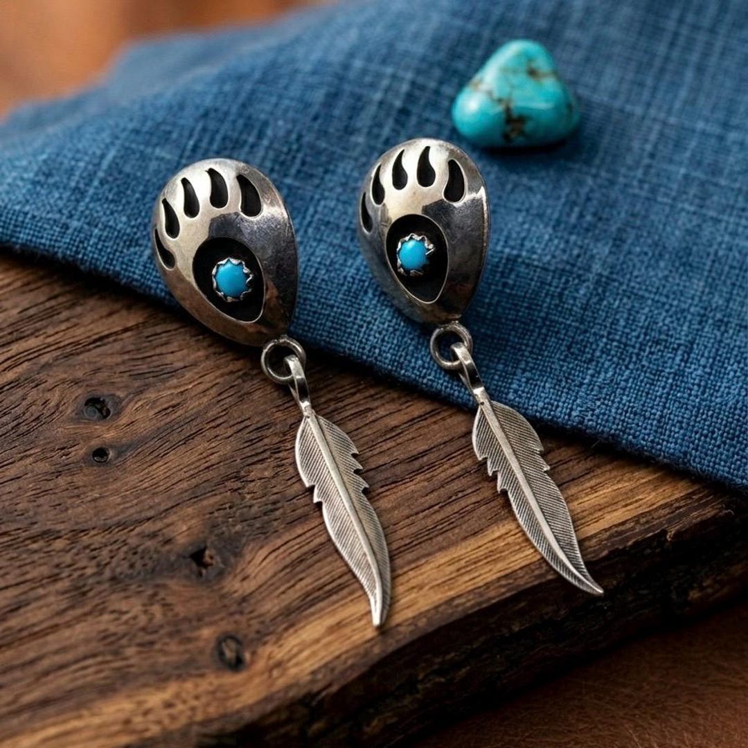 Vintage Navajo Sterling Silver and Turquoise Bear Paw Dangle Earrings ...