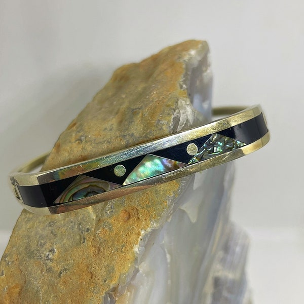 Vintage Alpaca Mexico Abalone Shell Bracelet Moutains & Moons Stamped Mexico Vintage Hinged Bangle Bracelet 1970's Bracelet Boho Bracelet
