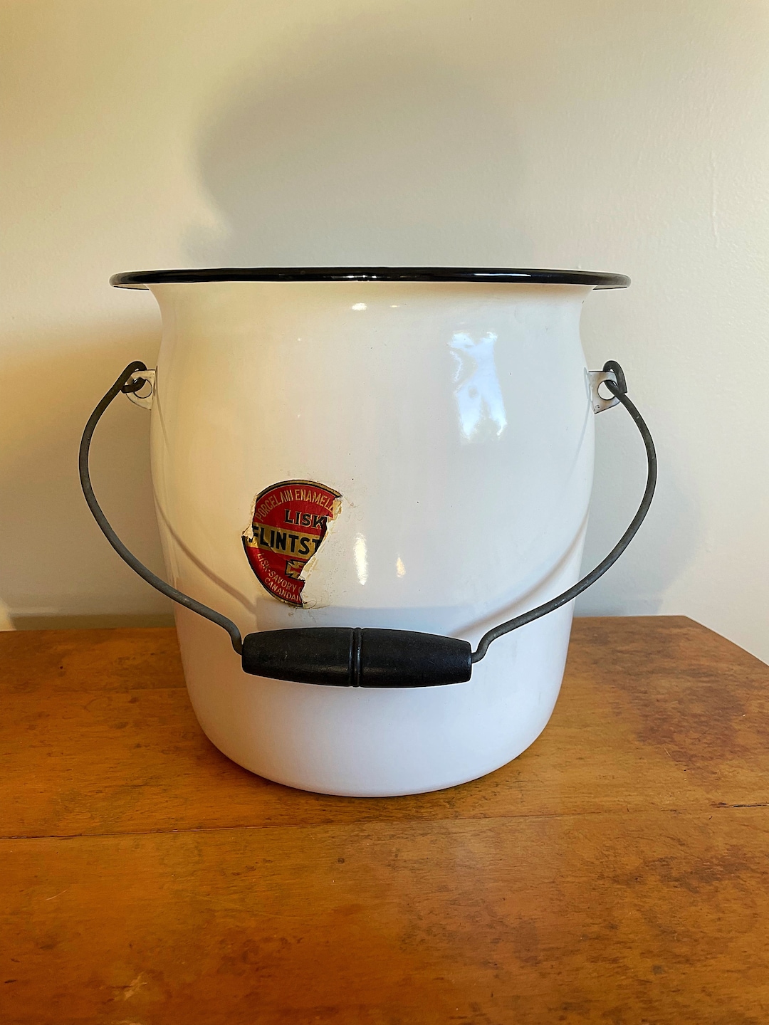 Vintage Enamel Chamber Pot Wood Handle White Enamel Flintstone Bucket