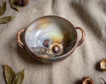 Antique Noritake Hand-Painted Chestnut Bowl | Japanese Botanical Fall Theme