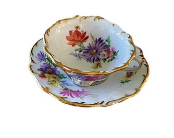 Antique Carl Teichert Meissen Hand Painted Floral and Gold Tea Cup & Saucer Germany Victorian Tea Cup