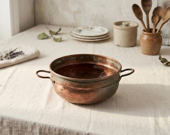 Antique Hand-Hammered Copper Jam Pan – Rustic Farmhouse Bowl with Handles