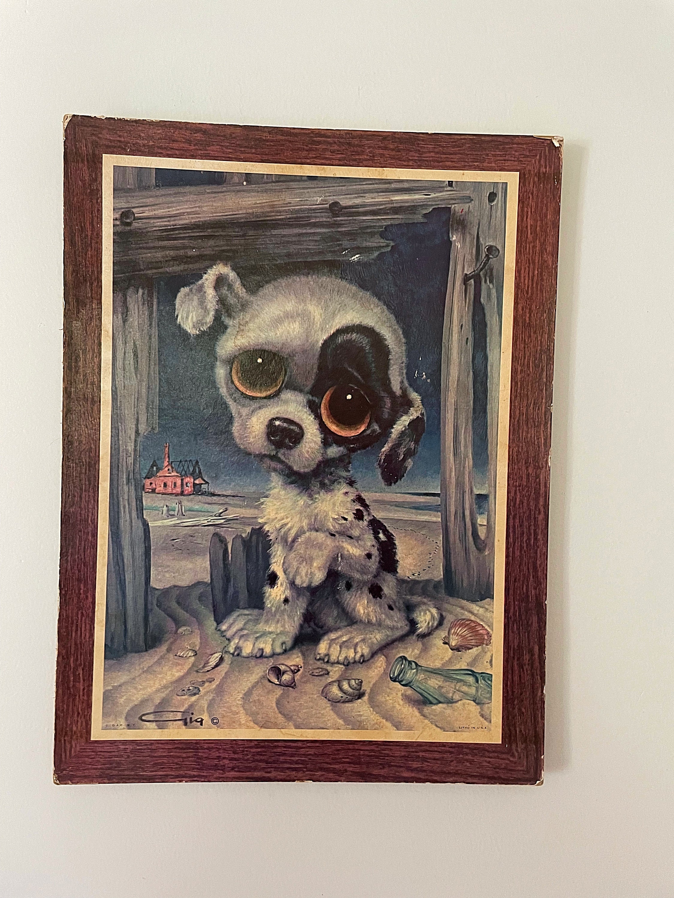絵画 1960s Big Eye Pity Puppy Gig Art Print Vintage Big Eyes GIG Pity Puppy Lithograph on Board Large 12