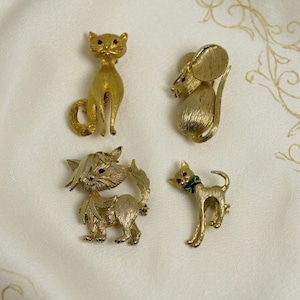 Vintage Gold Tone Cat & Mouse Brooch Pin, Ruby Red Rhinestone Eyes, Choose 1