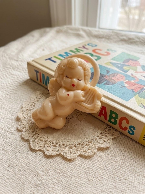 Vintage Celluloid Baby Angel Rattle | Sleeping Cherub Harp Toy | Mid Century Nursery Decor