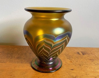 Vintage Art Glass Pulled Feather Iridescent Vase Signed Vandermark 1976 Studio Art Glass Hand Blown Glass  High Fashion Vintage Glass Vase