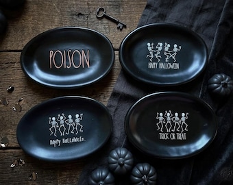 Rae Dunn Halloween Appetizer Plates: Dancing Skeleton - Trick or Treat
