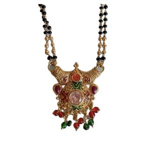 Vintage Mangalsutra Necklace: India Enamel Pendant, Black Beaded Gold Chain