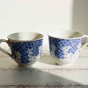 Antique Japanese Pottery Tea Cups: Blue Floral Sakura Design