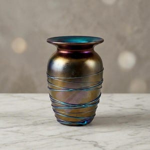 Elaine Hyde Art Glass Vase – 1991 Signed Iridescent Studio Glass, Threaded Design
