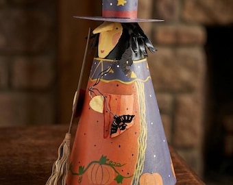 Hand-Painted Tin Witch Candle Holder, Folk Art Halloween Figurine, Rustic Fall Decor