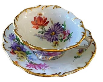 Antique Carl Teichert Meissen Hand Painted Floral and Gold Tea Cup & Saucer Germany Victorian Tea Cup