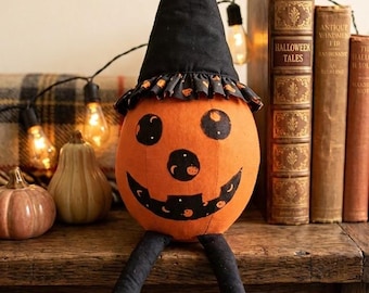 Grandmacore Halloween Pumpkin Shelf Sitter, Witch Hat Jack-o'-Lantern, Cozy Fall Decor