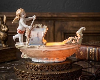 1920s Bavarian Porcelain Cherub Gondola Lamp | Ornate Brass Base Night Light