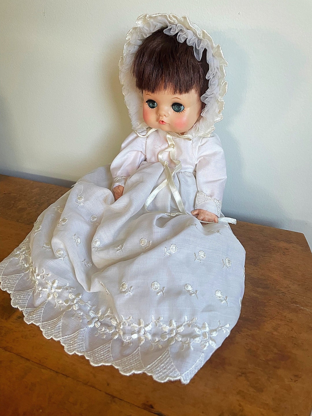 Vintage Baby Dear One 1964 Doll in White Gown Brown Hair Blue Eye