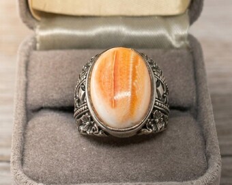 Vintage Sterling Silver Spiny Oyster Shell Ring, Floral Filigree Band, Size 5.5
