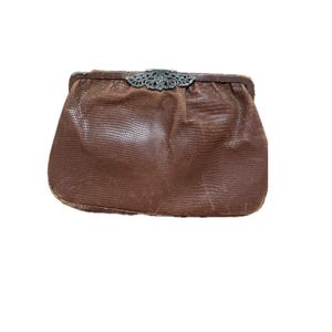 Vintage Art Deco Snakeskin Clutch: Rhinestone Latch, Interior Mirror
