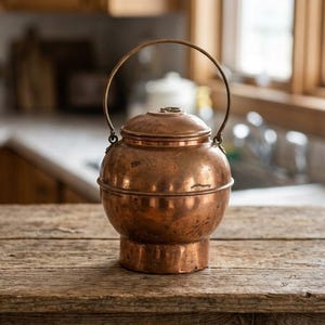 May include: A round copper container with a lid and a thin, arched metal handle. The vessel features a wide, bulbous body that tapers down to a cylindrical base. The surface of the copper shows a weathered, metallic finish with visible texture.