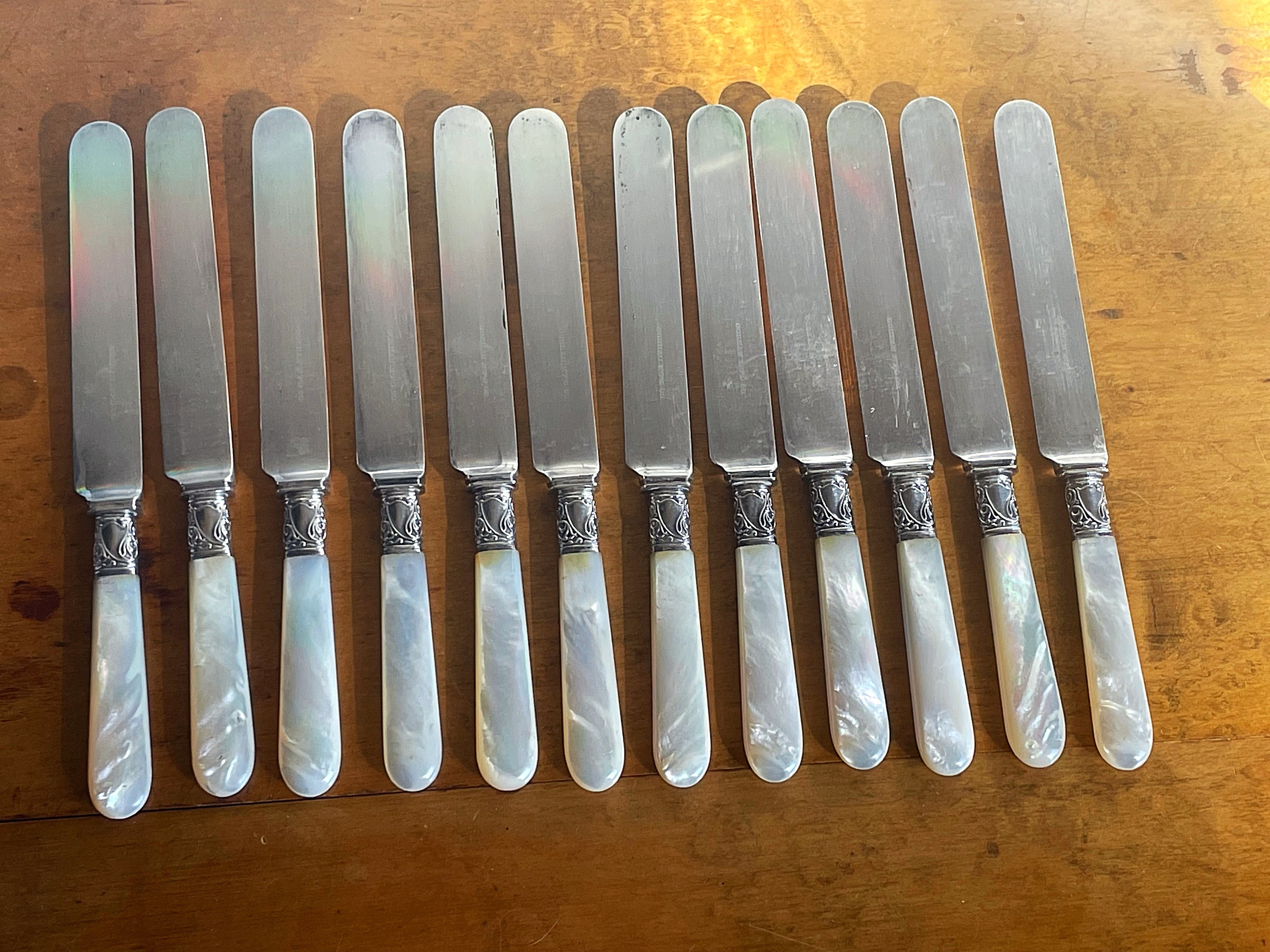 Set of 6 - Vintage German Made Mother of Pearl & Sterling Band Knives