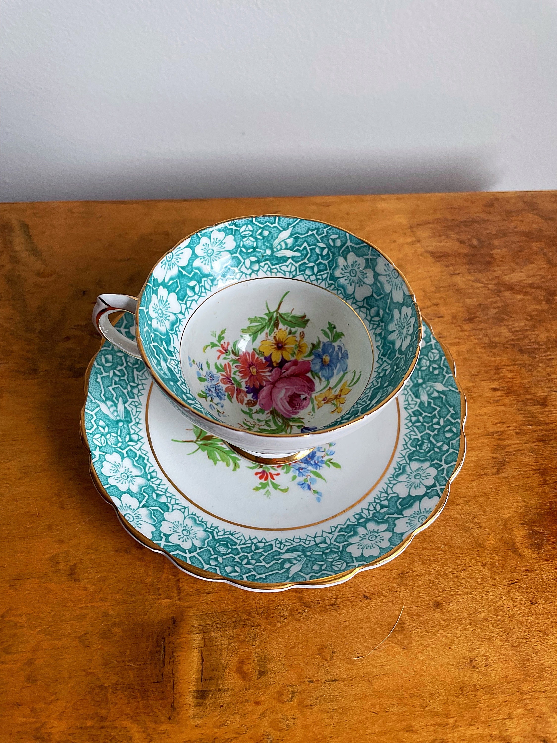 Vintage Teacup & Saucer Rosina Bone China 4971 England Teal Floral Teacup Cottagecore Victorian Teacup Cottage Rose Teacup