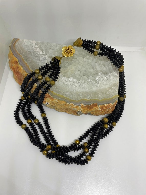 Vintage Black & Gold Beaded Mourning Necklace with