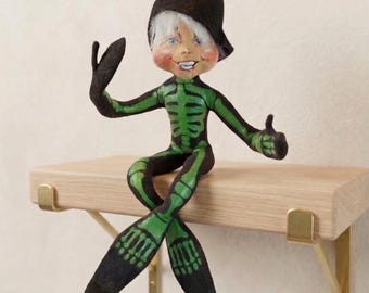 Annalee Skeleton Elf Halloween Decoration – 9" Green Elf Shelf Sitter or Standing Figurine