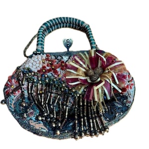 Chico&#39;s Beaded Evening Handbag: Vintage-Style Purse with Ribbon Flower