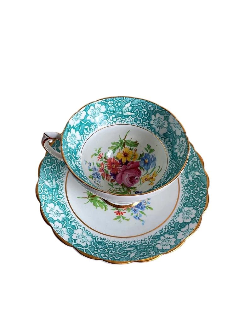Vintage Rosina Bone China Teacup & Saucer: Teal Floral Cottagecore