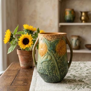 May include: A ceramic vase with a sunflower design in shades of green, yellow, and brown. The vase has two handles and is placed on a wooden table next to a pot of sunflowers. Decorative pottery is visible in the background.