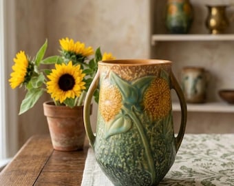 Vintage Roseville Pottery Sunflower Vase – Arts & Crafts Handled Urn, 1930s Collectible