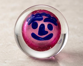 Vintage Signed Studio Art Glass Paperweight • Whimsical Pop Art Face Orb