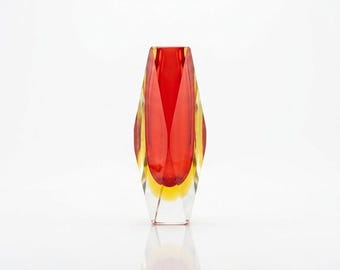 Vintage Murano Sommerso Art Glass Vase | Red & Yellow Faceted Glass | 6.5" MCM Geometric Decor