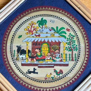 Vintage Pattachitra Painting - Traditional Indian Folk Art on Palm Leaf | Temple Scene | 11” x 11”