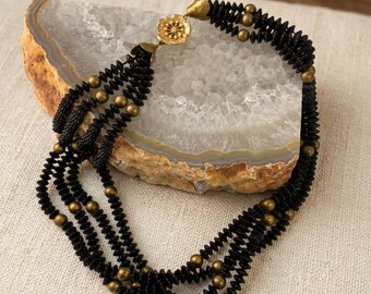 Vintage Black Beaded Mourning Necklace: Gold Flower Clasp, Four-Strand