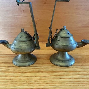 Antique Bronze Oil Lamps Set: Turkish Hanging Lucerna, Vintage Temple Decor
