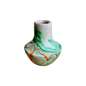 Vintage Nemadji Pottery Vase: Hand-Swirled Green, Brown, and Orange - 3"