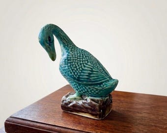 Vintage Chinese Export Turquoise Glazed Porcelain Goose Figurine – 1930s Sculpted Bird Statue