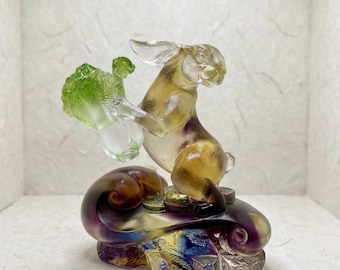 LIULI Crystal Rabbit Figurine | Year of the Rabbit, Nappa Cabbage, Coins, Feng Shui Art Glass