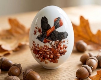 Vintage Avon Porcelain Egg – American Redstart Bird, Oak Leaves, Acorns ("Autumn Brings Magic Changes")