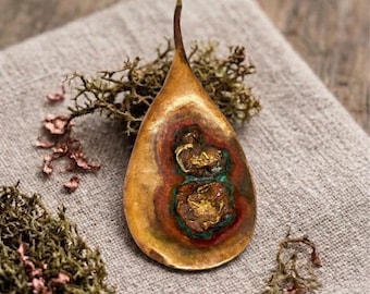 Hammered Copper Teardrop Pendant, Brutalist Raw Nugget Inlay, Studio Art Jewelry (Signed)