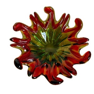 Vintage Murano Glass Flame Bowl or Ashtray | Mid Century Italian | Crimped Edge Green and Red Art Glass Bowl