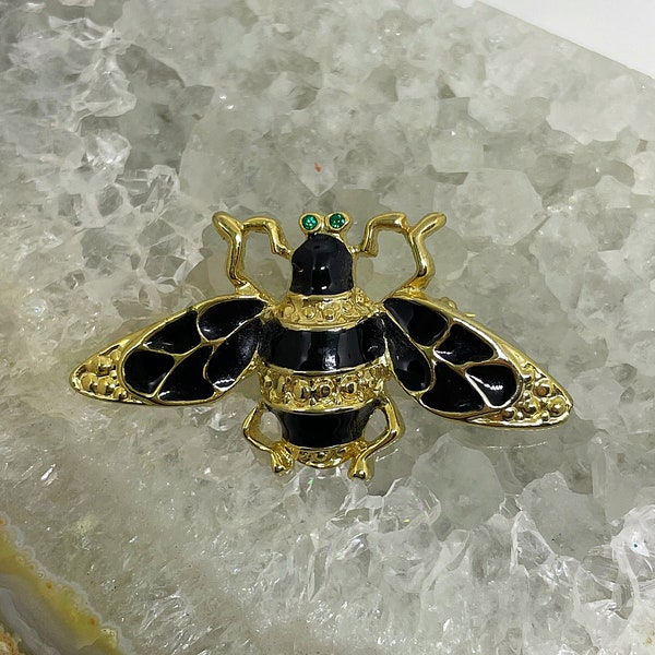 Vintage Bee Pin with Green Eyes Bijoux Cascio Florence 1970's Brooch Gold Tone & Black Enamel Vintage Insect Pin