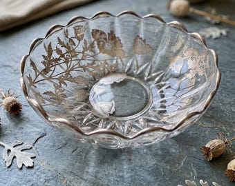 Vintage Cambridge Caprice Glass Bowl, Silver City Flanders Poppy Overlay, Centerpiece Serving Dish